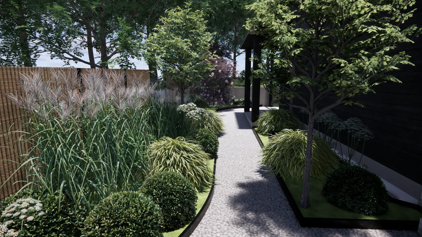 Visualisering av en harmonisk villaträdgård med sammanhängande gångar och planteringar