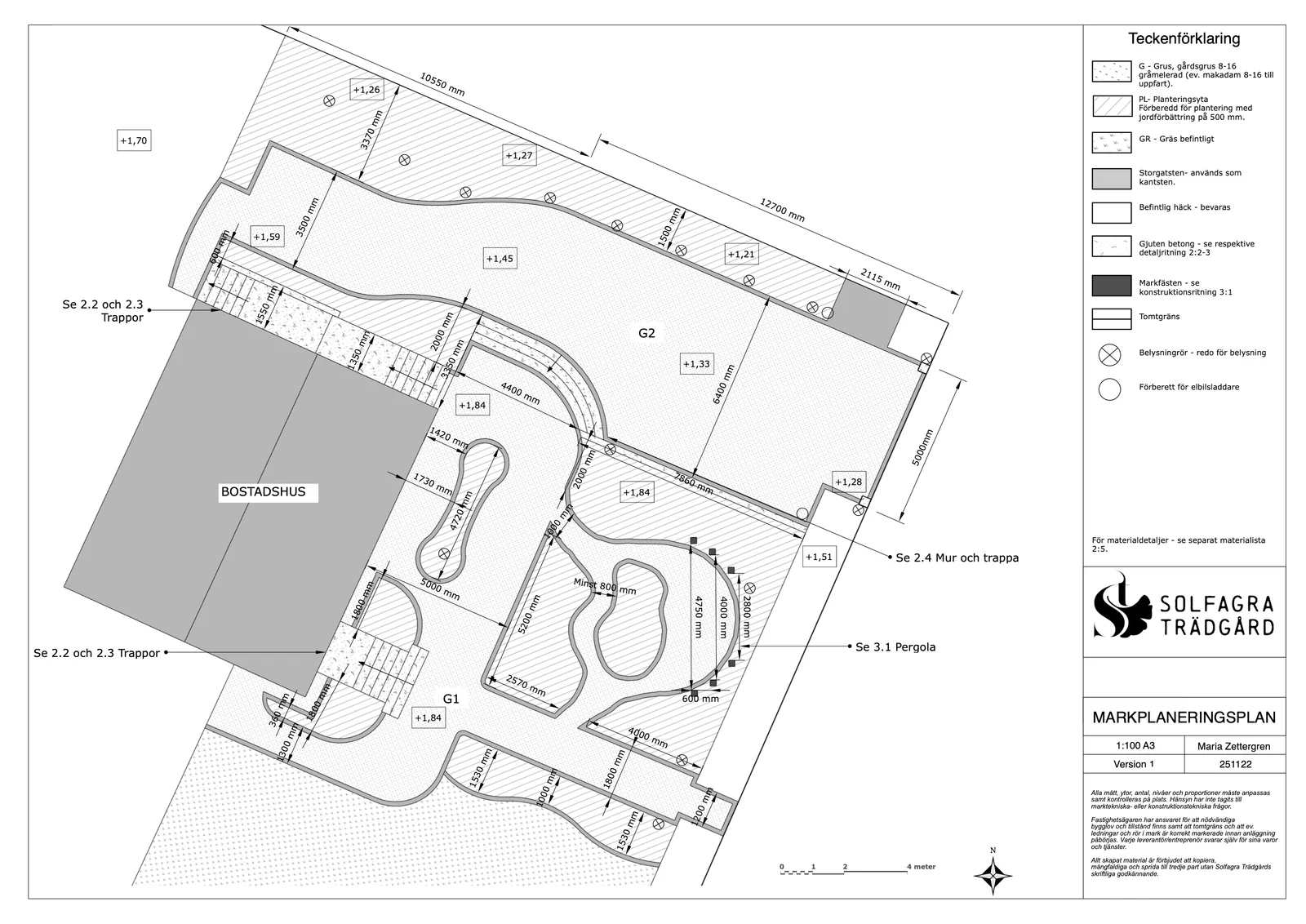 Markplaneringsplan med höjder, trappor, gångar och materialangivelser