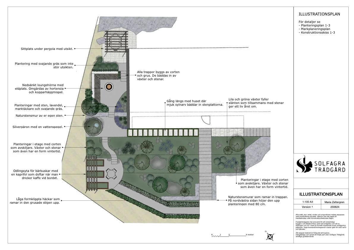 Illustrationsplan som visar trädgårdens rum, gångar, uteplatser och planteringar